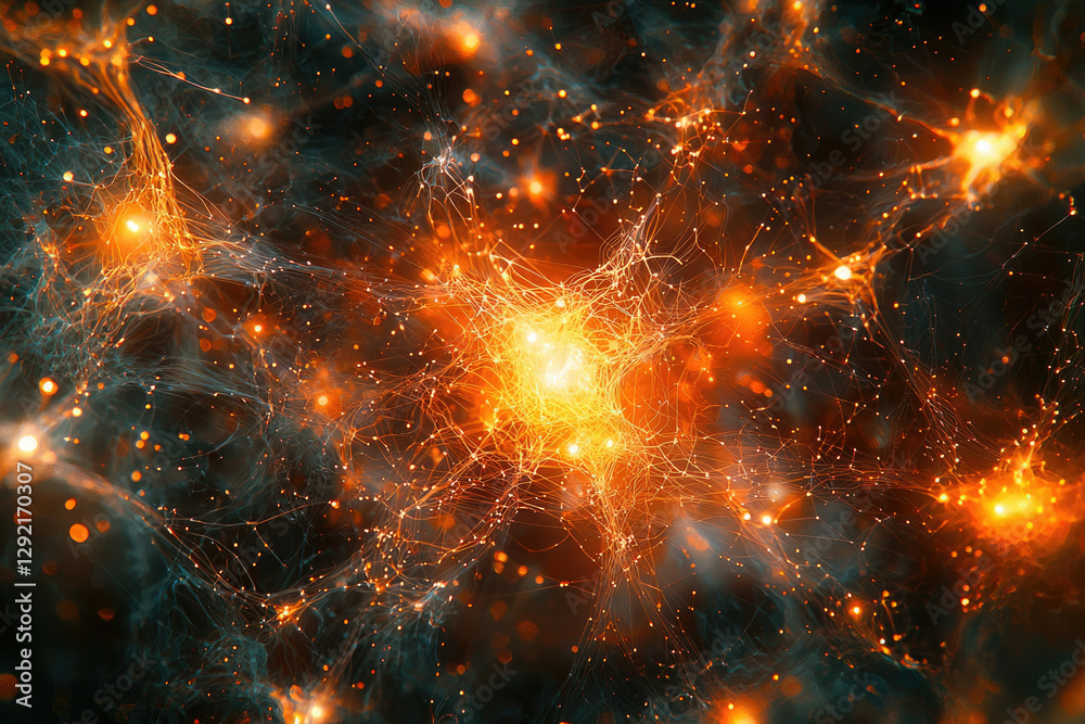 Poster Intricate network of glowing orange filaments resembling a neural network or cosmic web.