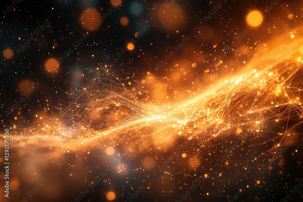 Poster Abstract cosmic artwork depicting a glowing orange wave of interconnected nodes and particles in a dark space.