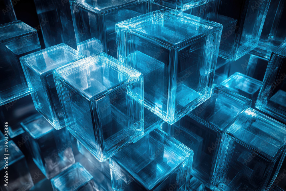 Poster A mesmerizing abstract image of translucent, glowing blue cubes interlocking and forming a complex structure.