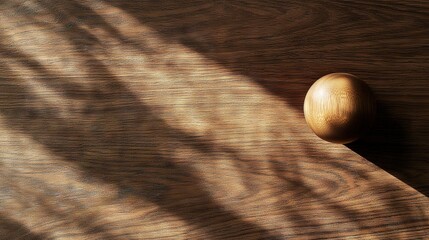   A detailed photo of a polished wood panel with a glinting spotlight and a nearby wooden ornament on the ground