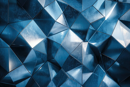 Abstract blue metallic geometric pattern, textured and reflective surface, polygonal shapes create a modern design. - Powered by Adobe