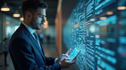 Fototapeta premium Businessman use artificial intelligence AI technology for enhanced work efficiency data analysis and efficient tools, Unlocking work potential with AI solutions chatbot help solve work problems.