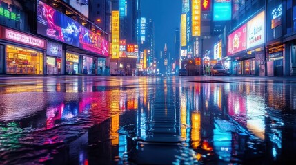 Obraz premium Neon signs reflect on a rain soaked cityscape street