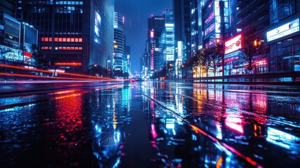 Obraz premium Reflected neon lights streak across a rain soaked cityscape
