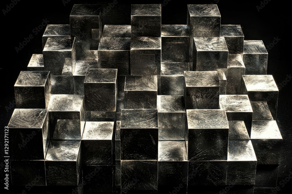 Poster a meticulously arranged collection of metallic cubes, exhibiting a textured, scratched surface, crea