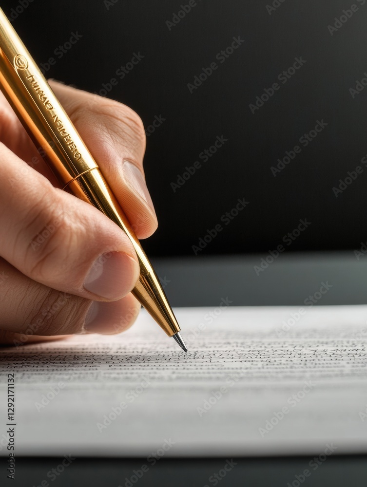 Fototapete writing with a gold pen on textured paper in a softly lit workspace during an afternoon. generative 