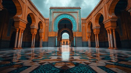 Obraz premium Grand mosque courtyard with intricate arches and tiled floor.