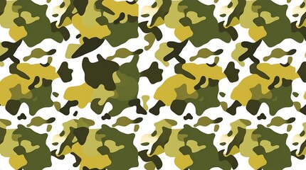 Naklejka premium Camouflage Pattern: A seamless camouflage pattern in shades of green and yellow, ideal for military, hunting, or fashion designs, offering a blend of concealment and aesthetic appeal.