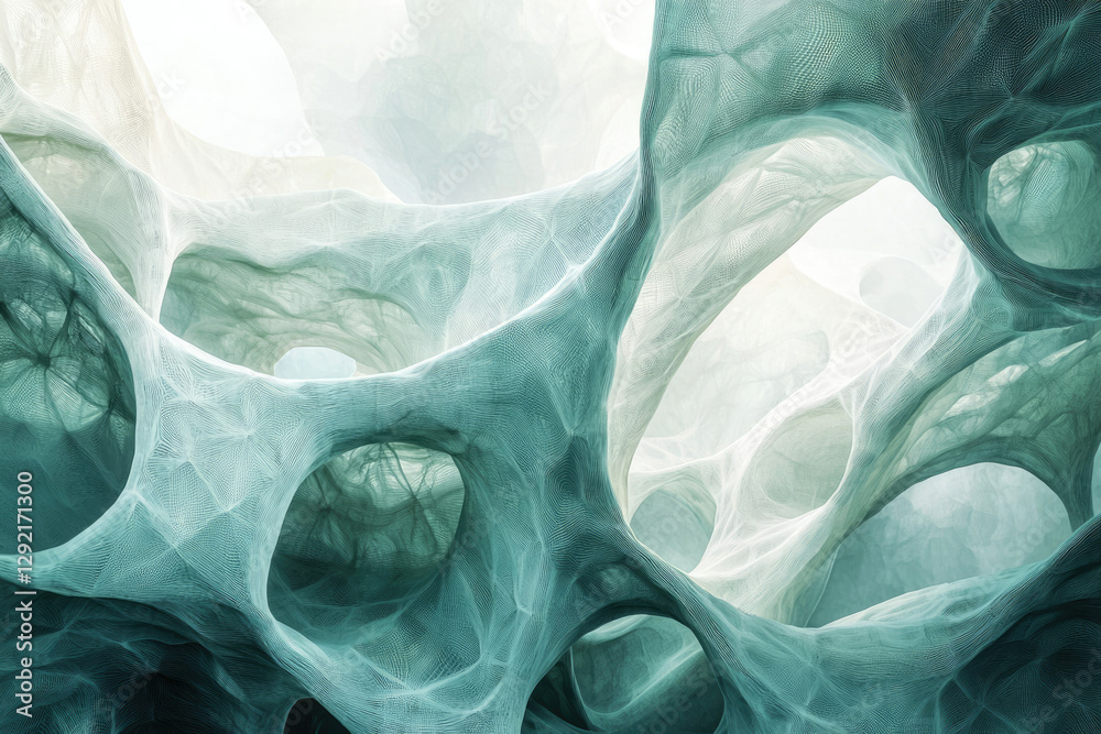 Poster abstract teal fabric forms intricate, cavernous shapes, creating a surreal, ethereal landscape.