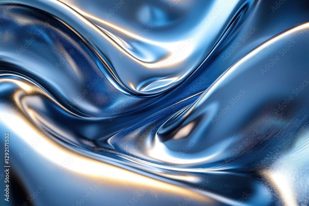 Poster abstract image of flowing, metallic blue liquid, reflecting light, creating dynamic waves and textur