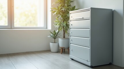 Tall metal filing cabinet with multiple closed drawers, modern office corner, minimalist decor, bright lighting.