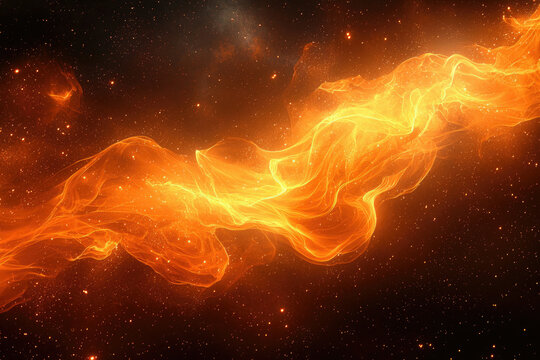 Fiery cosmic stream, swirling nebula in deep space, glowing orange and yellow gas clouds amidst stars.