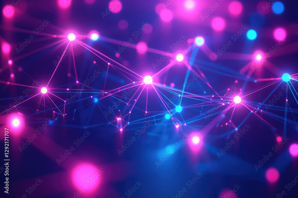 Poster Abstract network visualization with glowing pink and blue nodes interconnected by lines, representing connectivity and data flow.