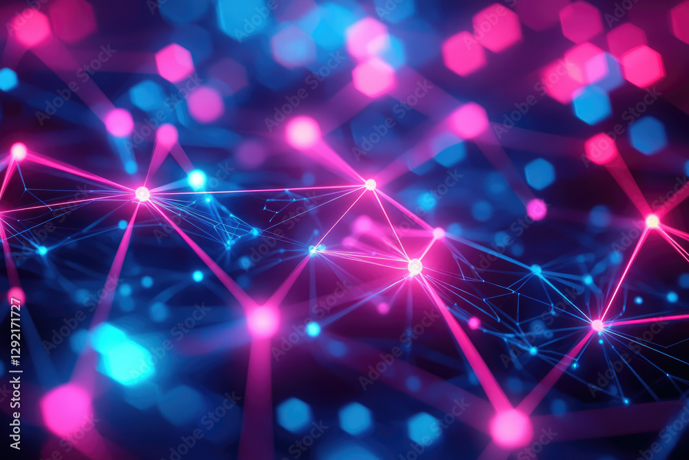 Poster Abstract network visualization with glowing pink and blue nodes and lines, representing connections and data flow.