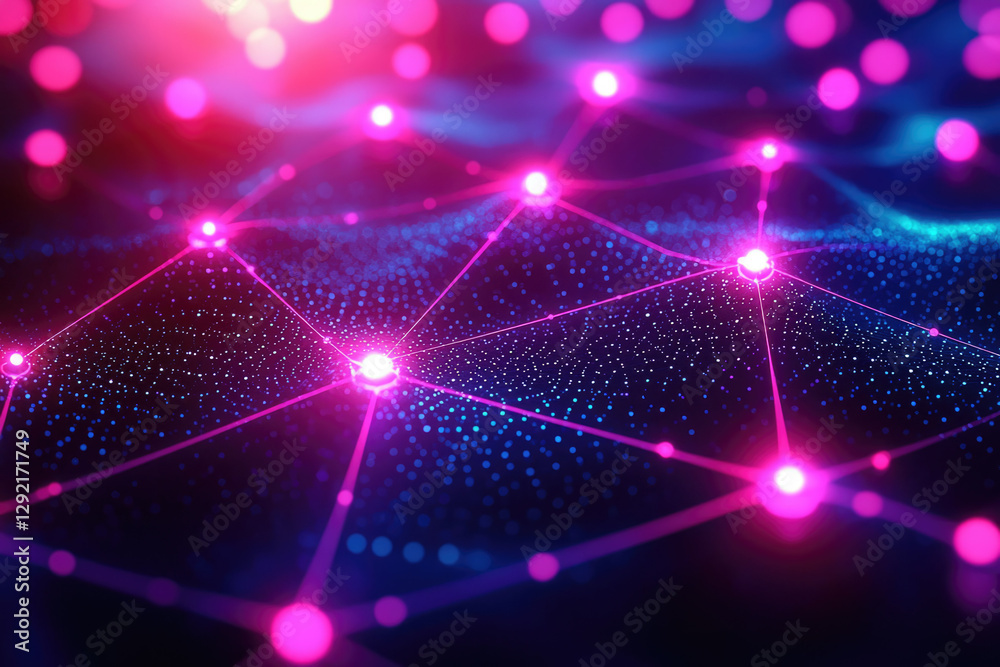 Poster Abstract digital network, glowing nodes connected by lines, representing global communication and data flow.