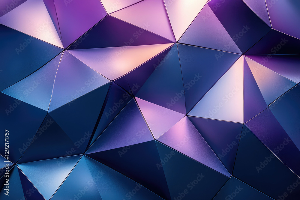Poster abstract background with metallic, geometric shapes in shades of purple and blue, creating a 3d effe