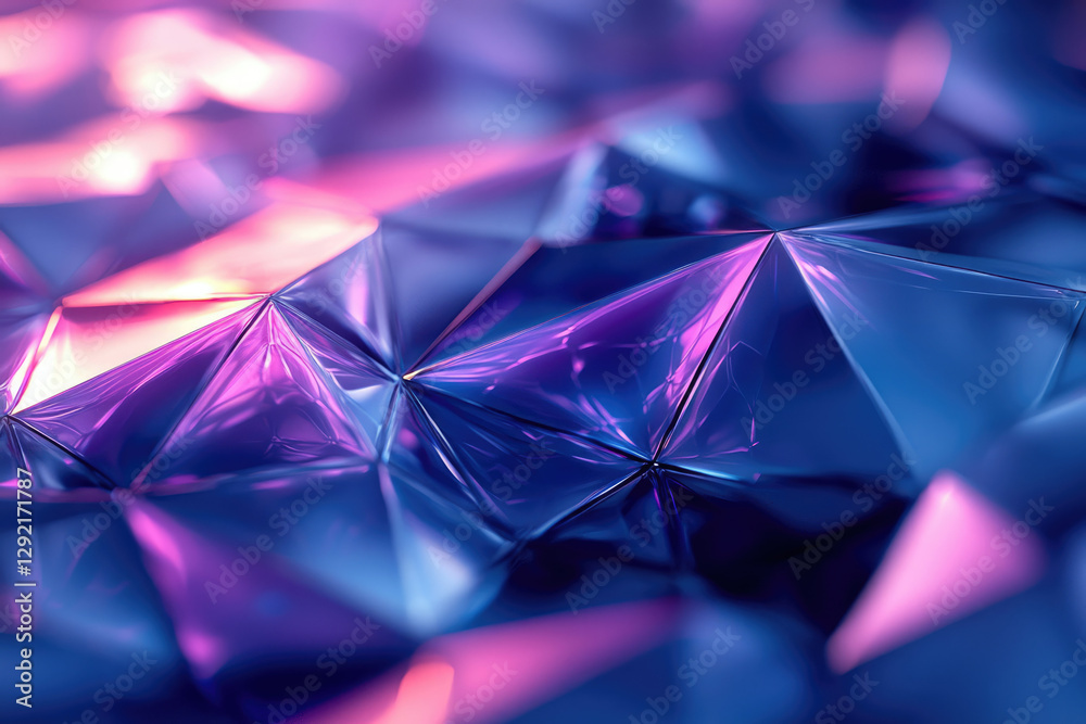 Poster abstract image of glossy,faceted, purple and blue geometric shapes creating a vibrant, iridescent pa