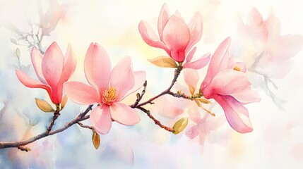 Obraz premium Elegant Pink Magnolia Blossoms Watercolor Painting Spring Flowers Delicate Petals Soft Colors Botanical Illustration Nature Art Floral Design Romantic