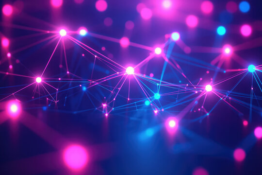 Abstract network visualization with glowing pink and blue nodes interconnected by lines, representing connectivity and data flow.