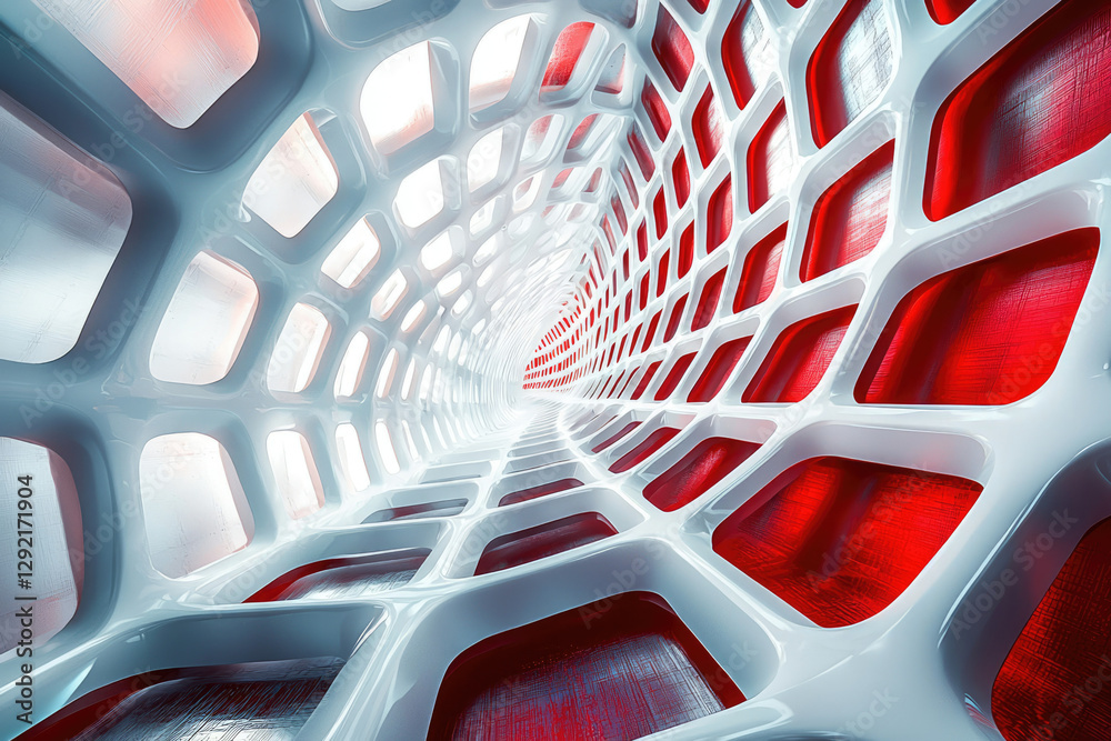 Aufkleber Abstract 3D rendering of a futuristic tunnel with a red and white lattice structure.