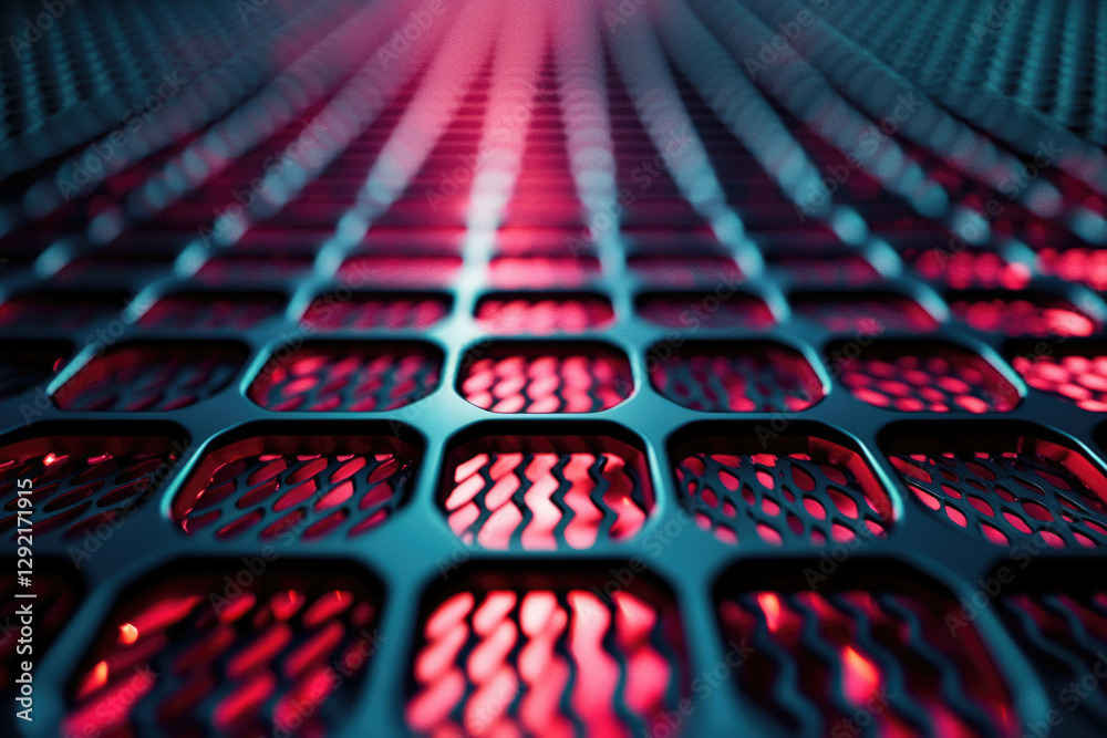 Aufkleber abstract close-up of a metallic grid with red glowing lights, creating a futuristic and technologica