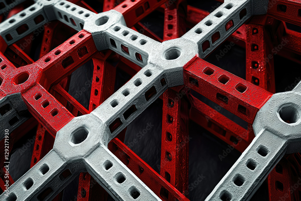 Aufkleber Intricate network of red and gray metallic structures, creating a complex geometric pattern.