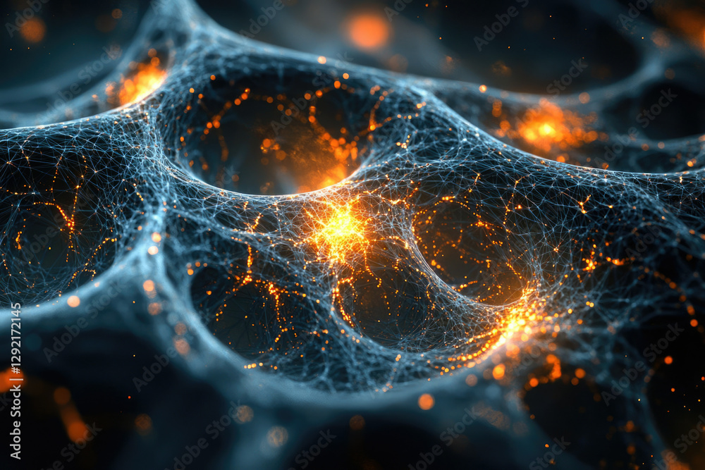 Poster Intricate network of glowing nodes and connections, resembling a neural network or cosmic web.