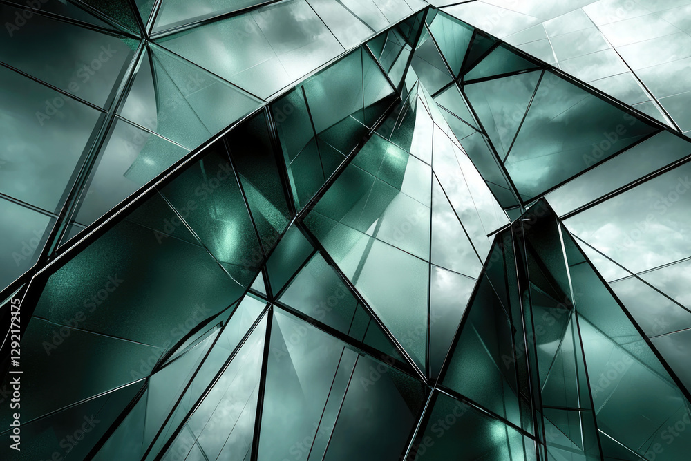 Poster abstract view of a modern glass building with geometric facets reflecting cloudy skies.