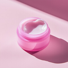 Pink  jar container with cream. Pink background, sunlit environment. A small jar with face cream for skincare routine. Beautiful closeup product photo. Mockup