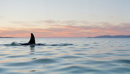 Naklejka premium Close-up of blacktip shark's dorsal fin breaking the calm ocean surface at sunset