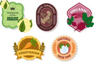 Different retro vegetables banner and labels. Packaging tags with cauliflower, beetroot, ginger, carrot, fennel. Set of seasonal vegetables labels stickers and marks or badges template for packaging