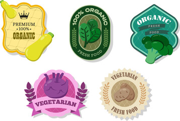 Different retro vegetables banner and labels. Packaging tags with zucchini, spinach, potato, broccoli, Kohlrabi. Set of seasonal vegetables labels stickers and marks or badges template for packaging