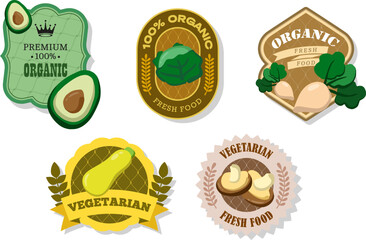 Different retro vegetables banner and labels. Packaging tags with turnip, cabbage, avocado, zucchini, shiitake. Set of seasonal vegetables labels stickers and marks or badges template for packaging
