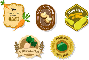 Different retro vegetables banner and labels. Packaging tags with carrot, shiitake, zucchini, turnip, cabbage. Set of seasonal vegetables labels stickers and marks or badges template for packaging