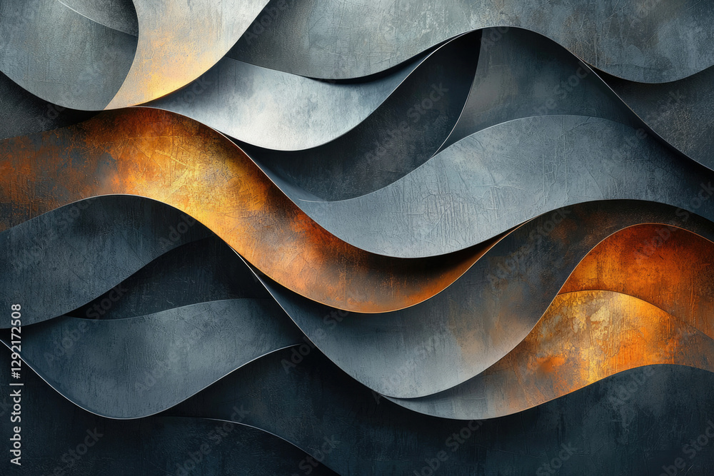 Poster abstract waves of dark gray and rusty orange metallic sheets create a modern, textured backdrop.