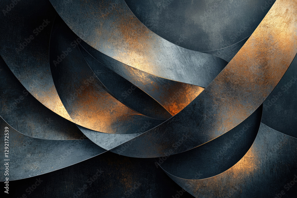 Poster abstract art depicting interwoven dark and gold metallic ribbons, creating a luxurious and textured 