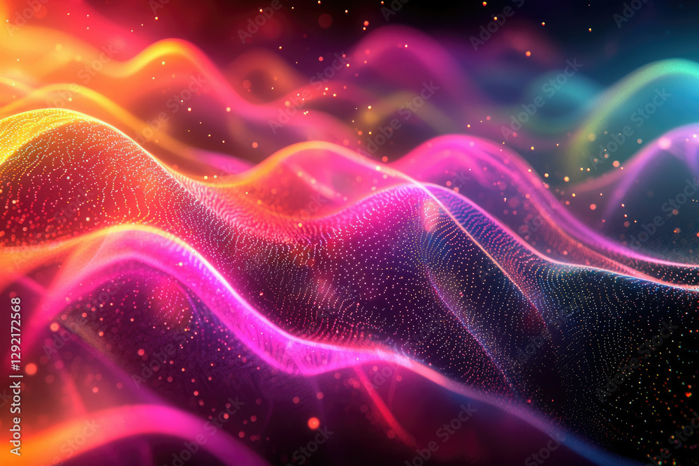 Poster Abstract vibrant waves of colorful particles and glowing energy, forming a dynamic and mesmerizing pattern.