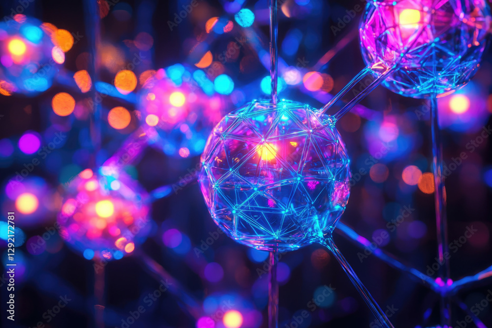 Poster abstract glowing orbs connected by lines, resembling a molecular structure or neural network.