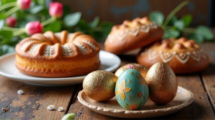 Easter brunch with cake and eggs on table