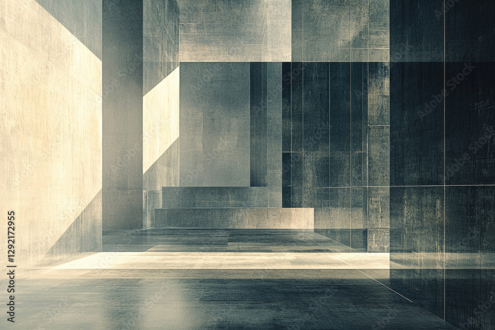 Poster Abstract architectural rendering of a minimalist concrete structure with geometric shapes and interplay of light and shadow.