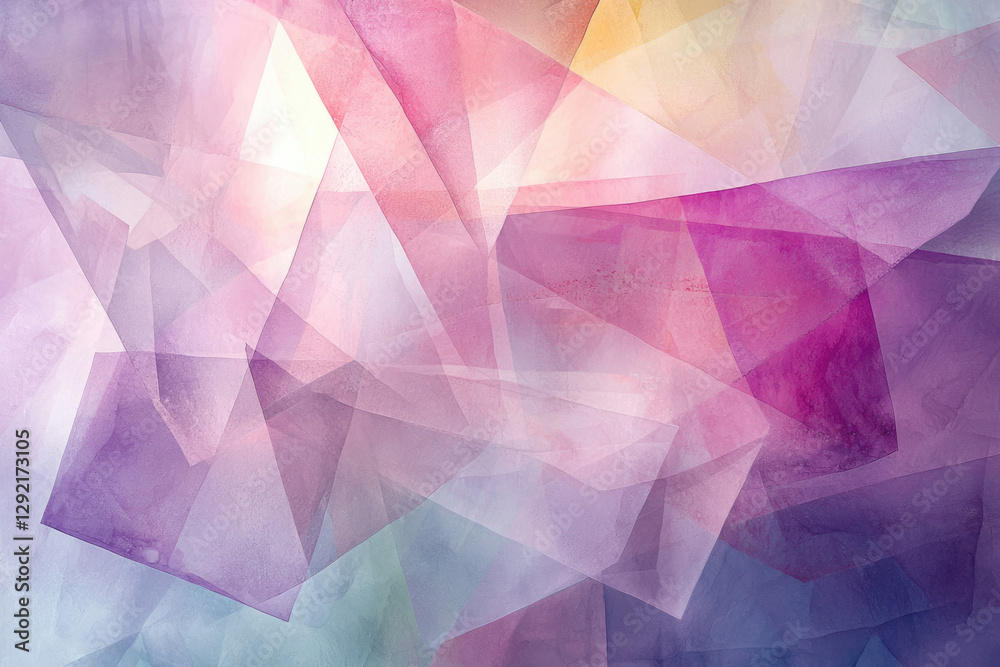 Poster abstract watercolor painting featuring overlapping translucent geometric shapes in soft pastel shade