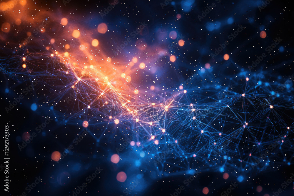 Poster abstract cosmic network: glowing nodes and connections in a dark space, resembling a digital univers