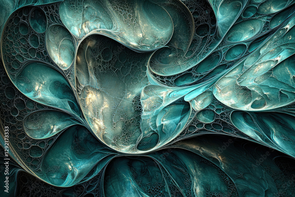 Poster abstract fractal art depicting swirling, teal, organic forms with bubble-like textures and metallic 