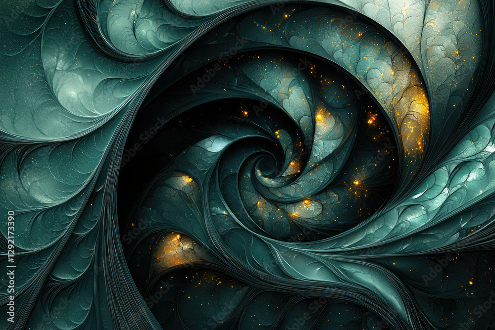Poster abstract fractal art showcasing a mesmerizing teal spiral with golden sparks, creating a cosmic, dre