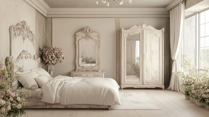 Shabby chic bedroom interior, empty vintage room with elegant retro furniture, mirror, bed, cupboard, floral pattern decoration. Classic style feminine design for girl, Cartoon vector illustration
