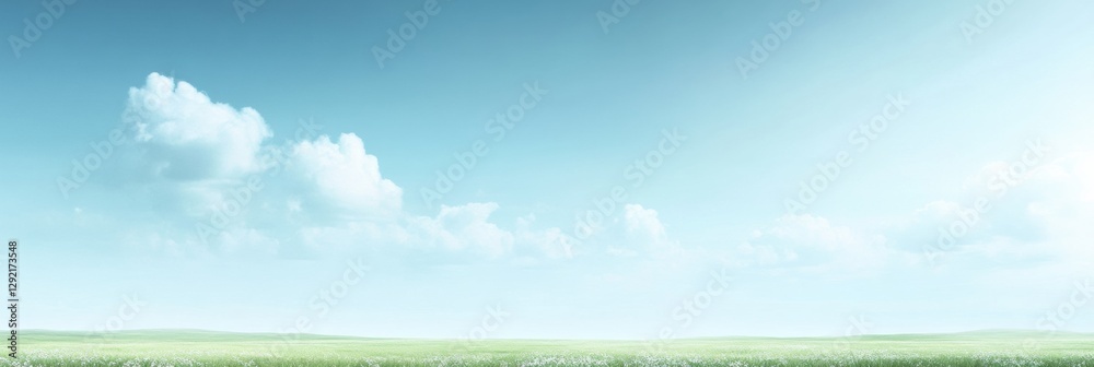 Poster wide open sky with soft clouds above a peaceful green landscape on a clear day. generative ai