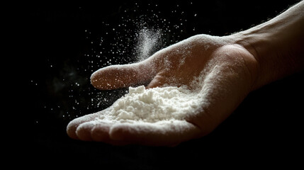 White powder in shape hand print with cocaine line isolated on black
