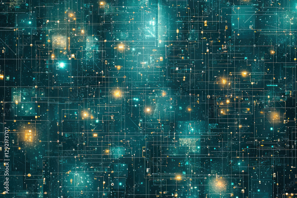 Poster Abstract digital network visualization; interconnected nodes and lines depict data flow and complex systems.
