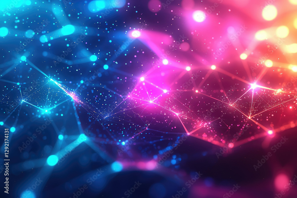Poster Abstract network connection with glowing lines and particles in vibrant pink and blue colors.
