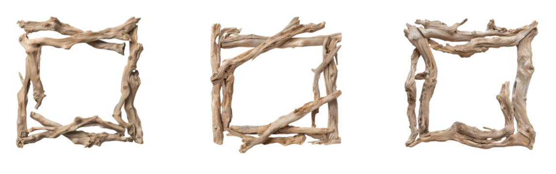 Unique wooden frames crafted from natural driftwood twigs for rustic decoration and art display